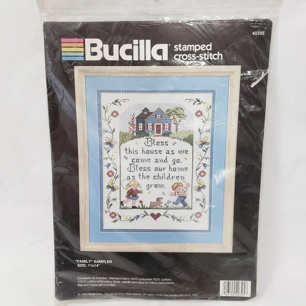 Vtg 1990 Crafts Cross Stitch Kit Bucilla Family Sampler 40395 Farmhouse Floral